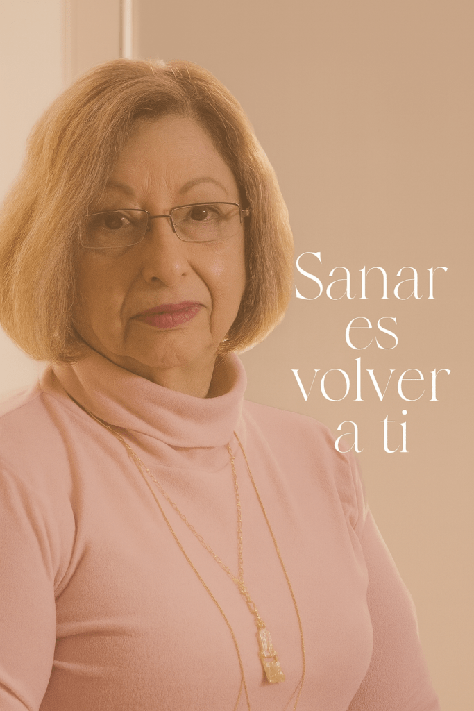 Retrato de Araceli López Méndez, una mujer elegante con suéter rosa y gafas, posando con serenidad sobre un fondo beige. A su lado aparece la frase “Sanar es volver a ti”