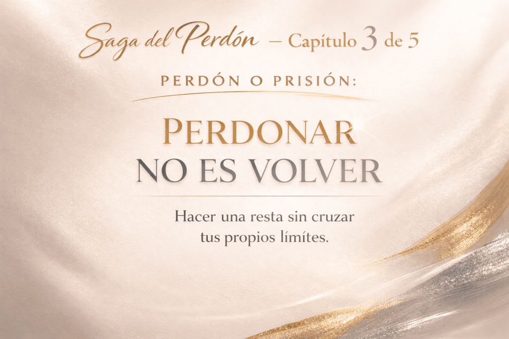magen minimalista en tonos nude con tipografía dorada y plateada que dice “Saga del Perdón – Capítulo 3 de 5. Perdón o Prisión: Perdonar No Es Volver”