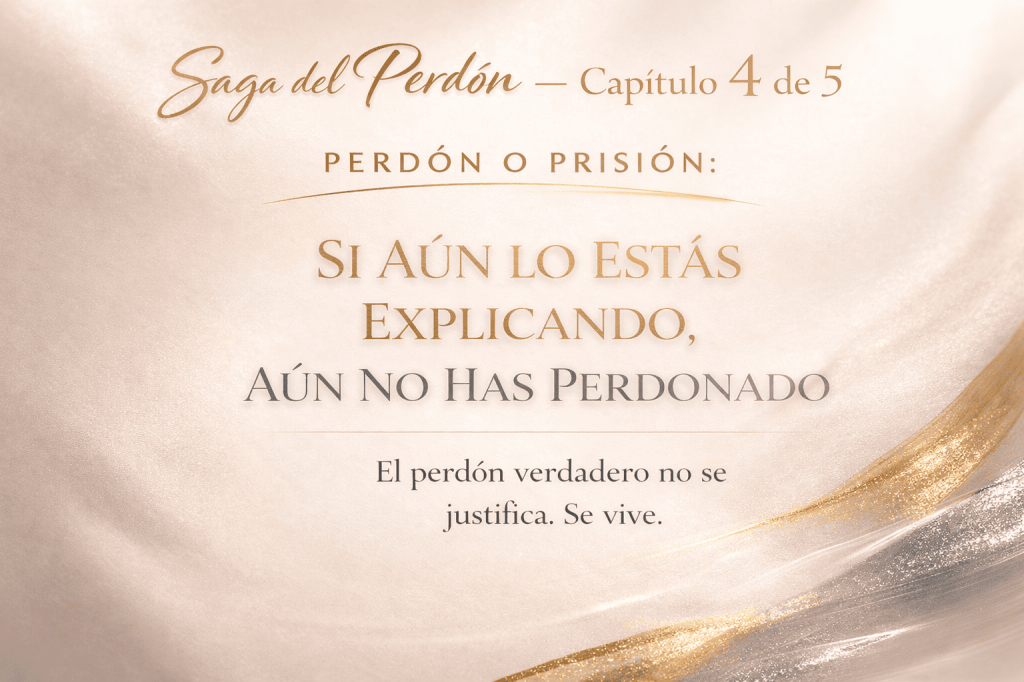 Imagen minimalista en tonos nude con tipografía elegante dorada y plateada que dice “Saga del Perdón – Capítulo 4 de 5. Perdón o Prisión: Si aún lo estás explicando, aún no has perdonado