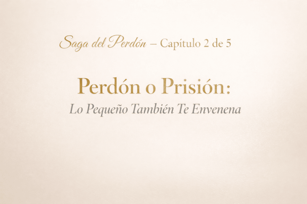 Imagen minimalista en tonos nude con tipografía elegante dorada y plateada que dice “Saga del Perdón – Capítulo 2 de 5. Perdón o Prisión: Lo Pequeño También Te Envenena”.