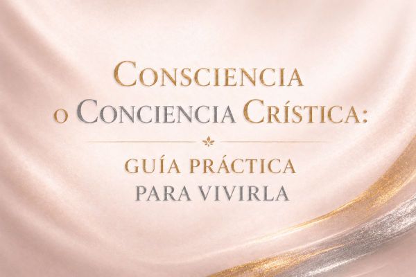 Portada minimalista en tonos nude con texto dorado y plateado: “Consciencia o Conciencia Crística, guía práctica para vivirla