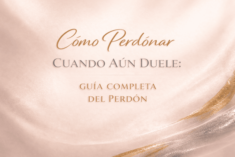 Portada minimalista en tonos nude con texto dorado y plateado: “Cómo perdonar cuando aún duele, guía completa del perdón”.