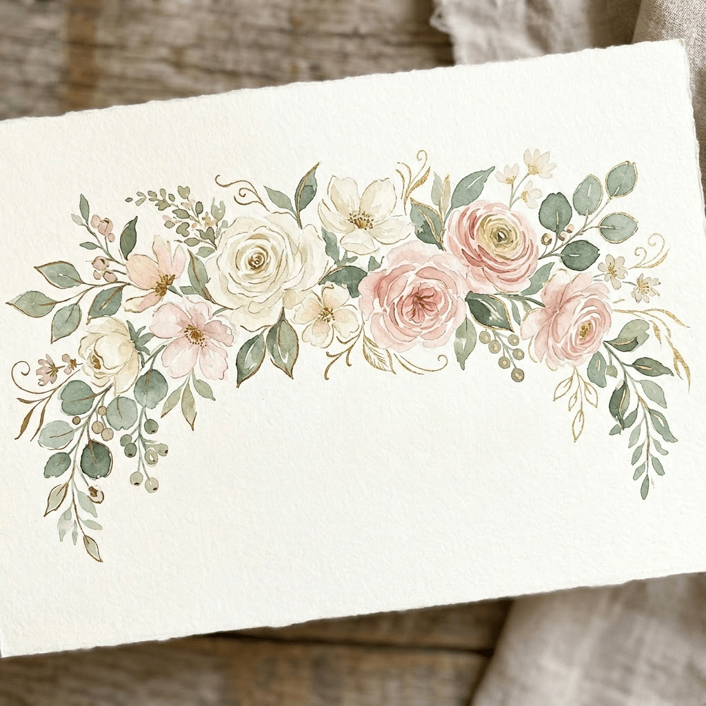 Floral watercolor arrangement above gold calligraphy word welcome