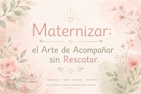 Portada en acuarela rosa y verde con flores suaves y texto: “Maternizar, el arte de acompañar sin rescatar”