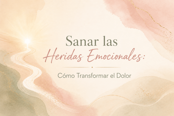 Banner minimalista en acuarela con tonos marfil y rosa suave, detalles dorados y texto elegante: “Sanar las Heridas Emocionales: Cómo Transformar el Dolor