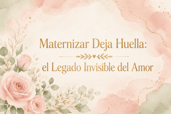 Banner floral en acuarela rosa y verde con texto dorado: Maternizar deja huella, el legado invisible del amor.