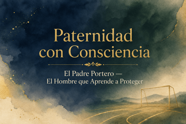 Banner en acuarela azul y verde con detalles dorados y texto: “Paternidad con consciencia, el padre portero: el hombre que aprende a proteger”