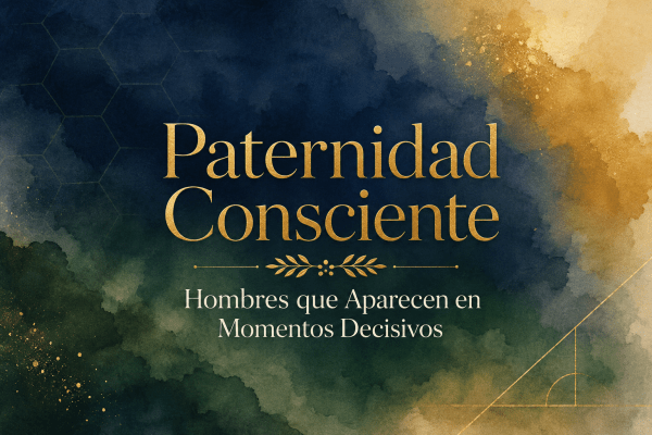 Banner acuarela de Paternidad Consciente con tonos azul, verde y dorado, textura deportiva sutil y título sobre hombres en momentos decisivos.