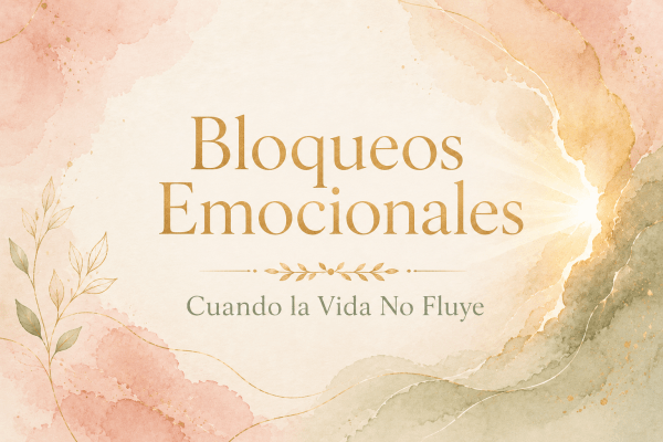 Banner en acuarela rosa y verde con detalles dorados y texto: “Bloqueos emocionales, cuando la vida no fluye