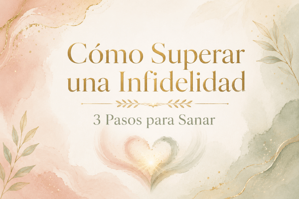 Banner en acuarela con tonos marfil, rosa suave y verde salvia. Título “Cómo Superar una Infidelidad” y subtítulo “3 Pasos para Sanar”, con detalles dorados y un corazón abstracto que simboliza sanación.