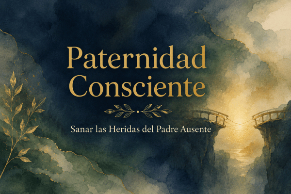 Banner en acuarela con título “Paternidad Consciente” y puente roto iluminado, símbolo de sanación del padre ausente.