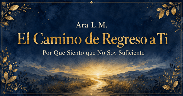 Encabezado horizontal en acuarela con fondo azul marino profundo, marco fino dorado y acentos botánicos dorados en las esquinas. En el centro aparece el texto: “Ara L.M.”, “El Camino de Regreso a Ti” y “Por Qué Siento que No Soy Suficiente”. En la parte inferior se ve un paisaje sereno con colinas y un camino iluminado que conduce hacia una luz cálida en el horizonte, evocando un regreso esperanzador y tranquilo.