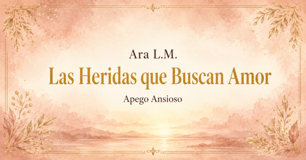 Encabezado en acuarela en tonos rosa empolvado y crema, con borde dorado y ramas botánicas en las esquinas. Al centro dice: “Ara L.M. · Las Heridas que Buscan Amor · Apego Ansioso”, sobre un horizonte suave al amanecer.