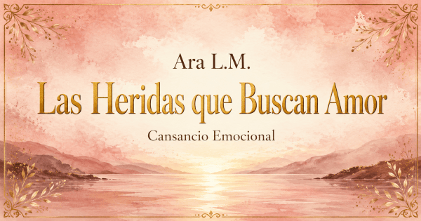 Acuarela rosa y crema con horizonte sereno y el título “Las Heridas que Buscan Amor: Cansancio Emocional