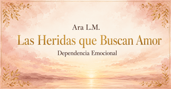 Encabezado en acuarela rosa y crema con borde dorado, amanecer sereno y el título “Las Heridas que Buscan Amor” de Ara L.M.