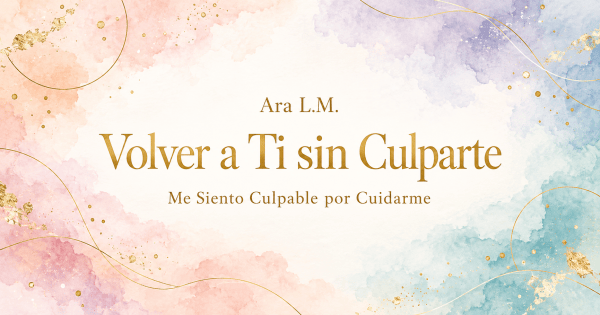 Encabezado horizontal en acuarela con fondo suave en tonos durazno, rosa, lila, periwinkle y azul verdoso, con acentos finos dorados y salpicaduras de pan de oro. En el centro, sobre un área clara, aparece el texto en serif dorada: “Ara L.M.”, “Volver a Ti sin Culparte” y “Me Siento Culpable por Cuidarme”.