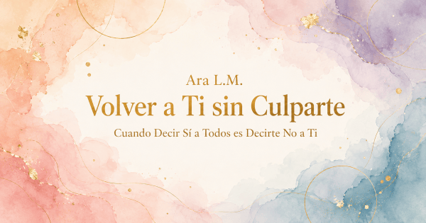 Acuarela en tonos durazno, rosa, lila y azul con detalles dorados y el título “Volver a Ti sin Culparte”.